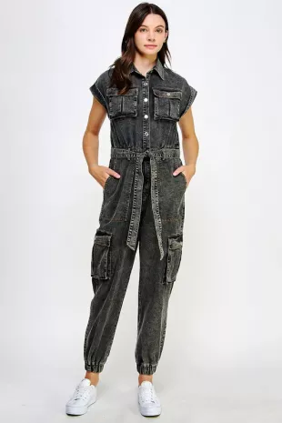 Black Sleeveless Washed Cargo Denim Jumpsuit
