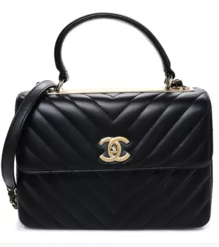Lambskin Chevron Quilted Small Trendy CC Flap Dual Handle Bag Black