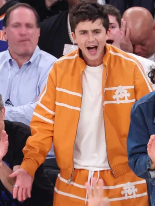 Timothée Chalamet Knicks vs Spurs Orange Tracksuit