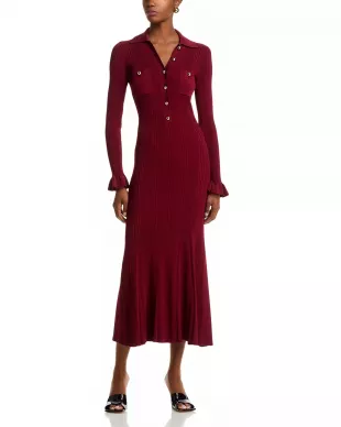 Ribbed Knit Midi Dress in Burgundy