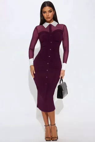 She Means Business Mesh Shirt Midi Dress in Eggplant