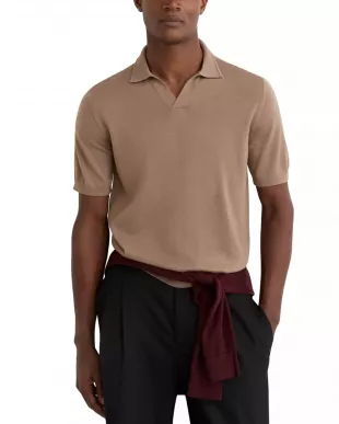 Duchie Merino Wool Open Collar Polo Shirt in Camel