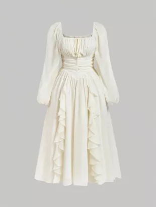 SHEIN MOD White,Autumn,Elegant,Vacation Plus Size Women Apricot Ruffled Lantern Sleeve Dress,Renaissance Fair Pirate Corset Dress,Homecoming Graduation Outfit