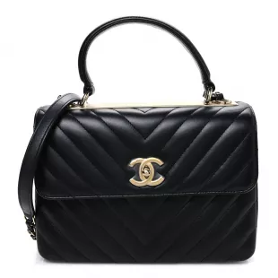Lambskin Chevron Quilted Small Trendy CC Flap Dual Handle Bag Black