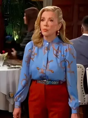 The Young and the Restless 2026 Nikki Newman Blue Chain Printed Blouse