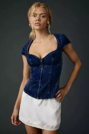 Blind Date Zip-Front Short Sleeve Denim Corset Top