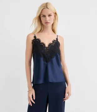Lace Trim Satin Cami in Deep Space Blue