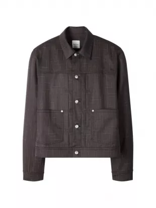 Wool Check Pleated Trucker Jacket in Aubergine