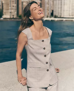 Plaid Square Neck Vest in Cashew Beige