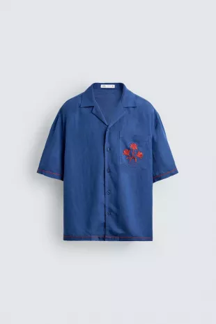 Contrast Embroidered Viscose Linen Shirt