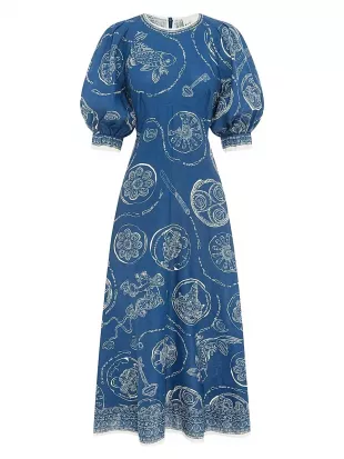 Lucky Printed Linen Puff-Sleeve Midi-Dress