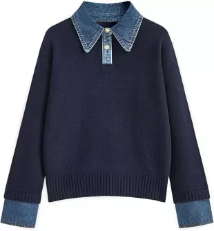 Navy Blue Denim Accented Polo Sweater