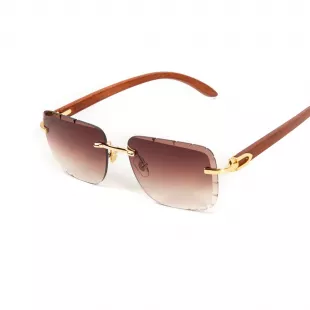 Burgundy Gradient Tint Rimless Gold Frame Woodgrain Gem Cut Sunglasses
