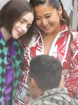 Emily In Paris S06 BTS Mindy Chen Printed High Neck Jacket