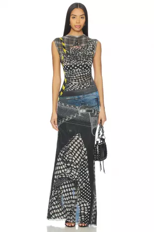 Mesh Maxi Dress in Polka Dot Zip Print