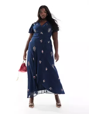 Embellished Frill Sleeve Maxi Wrap Dress with Tie Waist