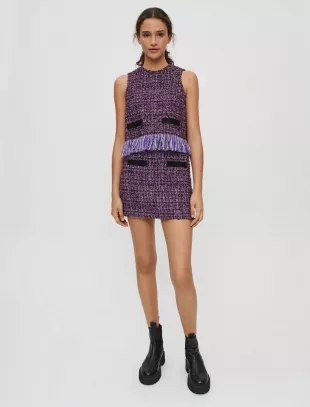 Purple Tweed Sleeveless Fringed Top