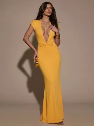 Bae Mustard Yellow Summmer Chic Party Night Deep V Neck Bodycon Dress