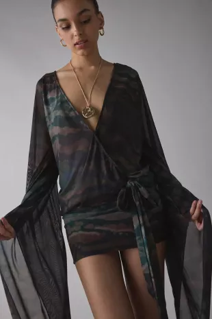 Draped XXL Sleeve Semi Sheer Mini Dress