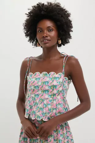 Pink Multi Floral Scalloped Eyelet Calla Top