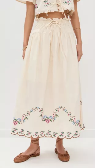 Eyelet Scallop Hem Midi Skirt