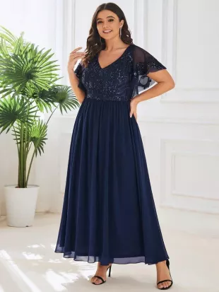 V-Neck Short Sleeve Sequin Bodice Mother of the Bride Dress