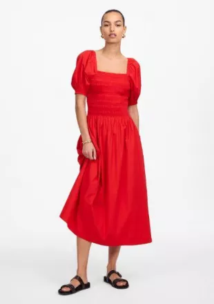 Smocked Puff Sleeve Midi Dress in Poplin