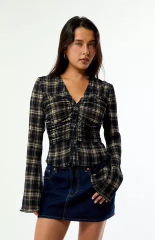 Sara Plaid Button Up Long Sleeve Top
