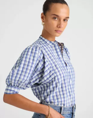 Puff-Sleeve Band-Collar Shirt