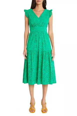 Cotton Eyelet Tiered Midi Dress In Deep Mint