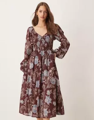 Amaya Balloon Sleeve Midi Dress in brown floral