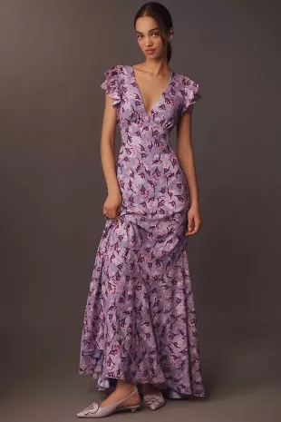 Eva Flutter-Sleeve Plunge V-Neck Maxi Dress