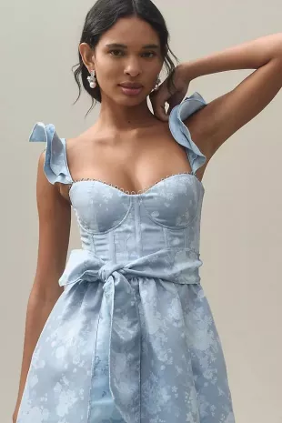 Veronica Corset Ruffle Side-Slit Dress