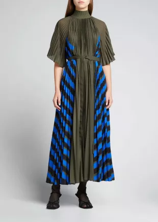 Mixed-Print Pleated High-Neck Midi Dress