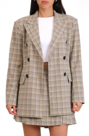 Plaid Double Breasted Blazer in Brownbeige Plaid