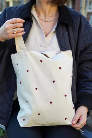 Handmade Cotton Tote Bag with Burgundy Hearts and Inner Pocket