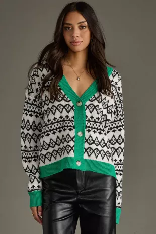 Ivory, Black & Green Patterned Cardigan