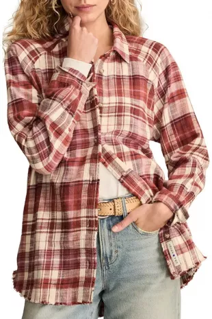 Frayed Plaid Button-Up Tunic Shirt