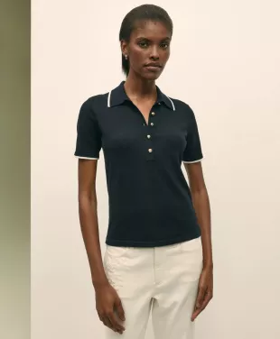 Silk Blend Short-Sleeve Tipped Polo Sweater