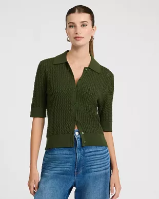 Pointelle Cable Knit Short Sleeve Sweater Polo