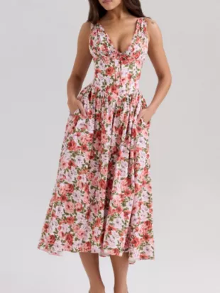 Dutton Ranch S01 Natalie Alyn Lind Pink Floral V Neck Maxi Dress