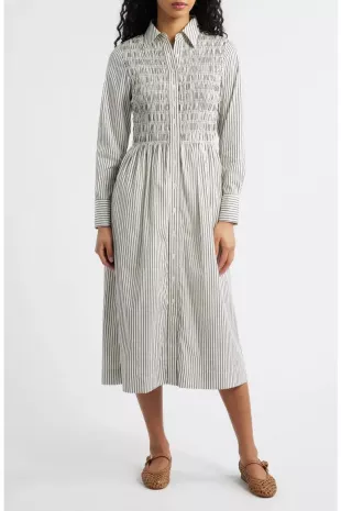 Smocked Poplin Midi Shirtdress