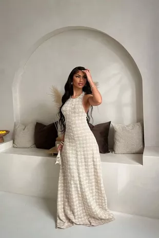 Beige Tweed Sleeveless Maxi Dress
