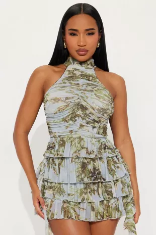 Catalina Ruffle Ruched Mesh Mini Dress