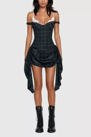 Ceyhun Grid Fringe Spaghetti Mini Dress