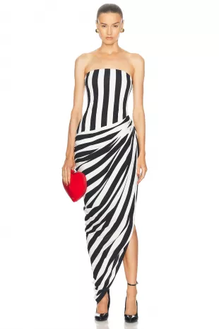 Bustier Striped Draped Jersey Long Dress