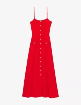 Red Button-Front Ribbed Knit Maxi Dress