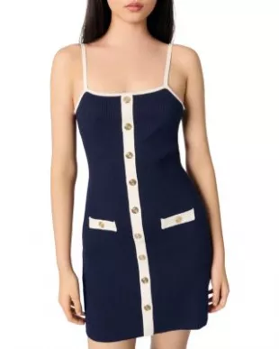 Navy Blue Contrast-Trim Knit Mini Dress