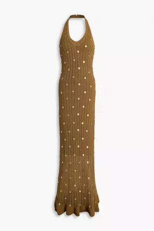 Brown Crochet Embellished Halter Maxi Dress