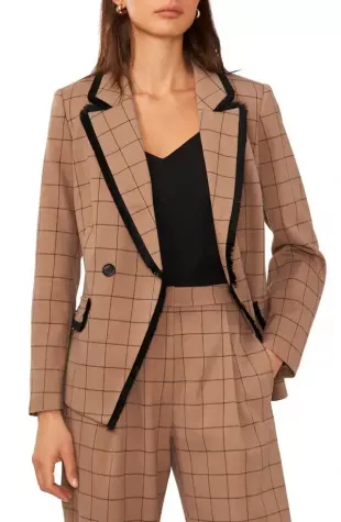 Windowpane Fringe Trim Double Breasted Blazer